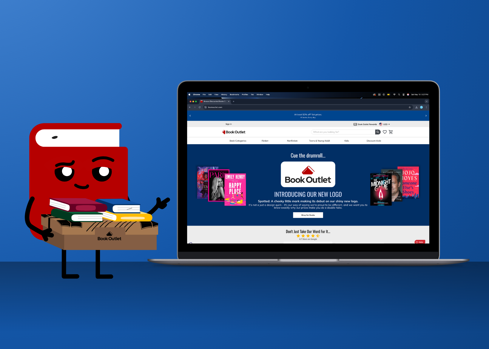 Red cartoon book character next to a laptop displaying Book Outlet website on a blue background